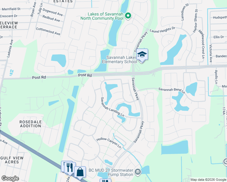 map of restaurants, bars, coffee shops, grocery stores, and more near 13807 Creekmill Court in Rosharon
