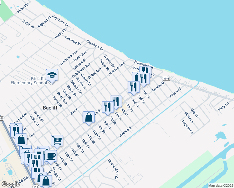 map of restaurants, bars, coffee shops, grocery stores, and more near 4504 4th Street in Bacliff
