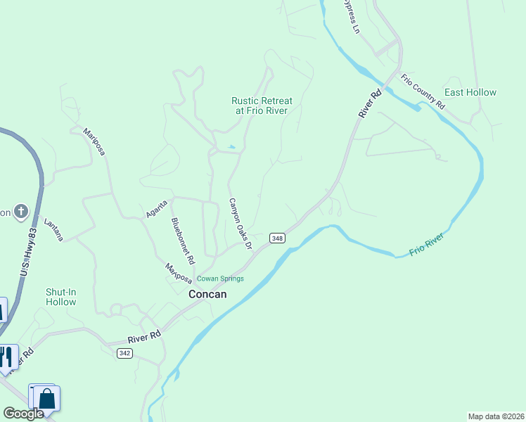 map of restaurants, bars, coffee shops, grocery stores, and more near 186 Cat Claw Mountain Road in Concan