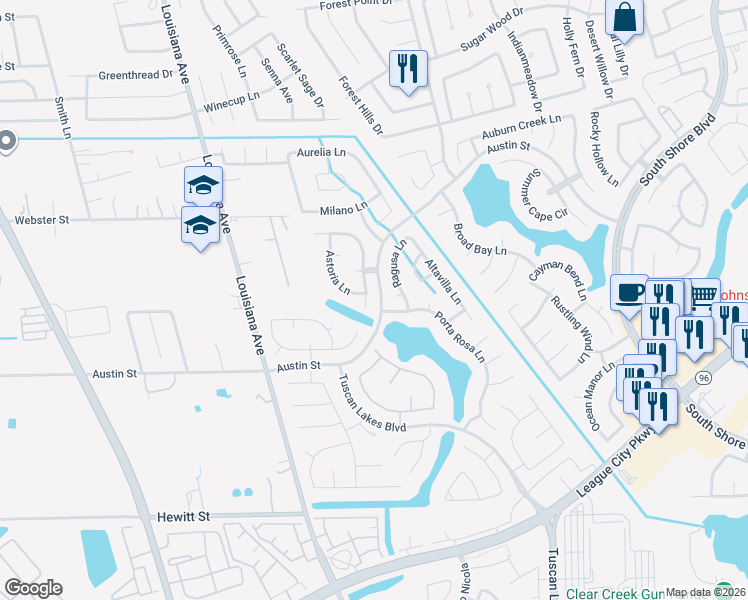 map of restaurants, bars, coffee shops, grocery stores, and more near 1012 Catania Lane in League City