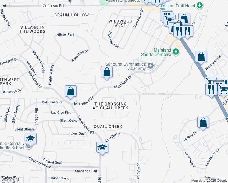 map of restaurants, bars, coffee shops, grocery stores, and more near 7278 Burns Lane in San Antonio