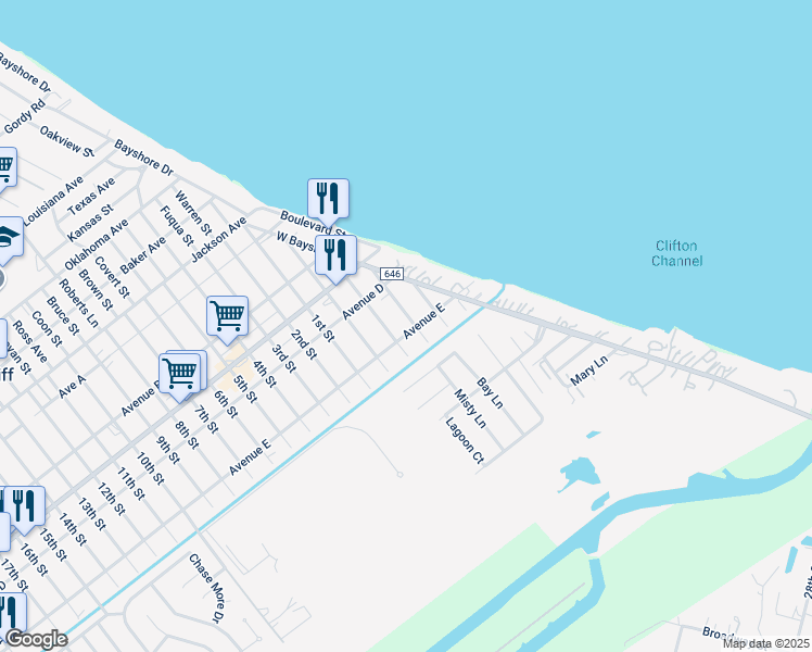 map of restaurants, bars, coffee shops, grocery stores, and more near 4802 Rose Street in Bacliff