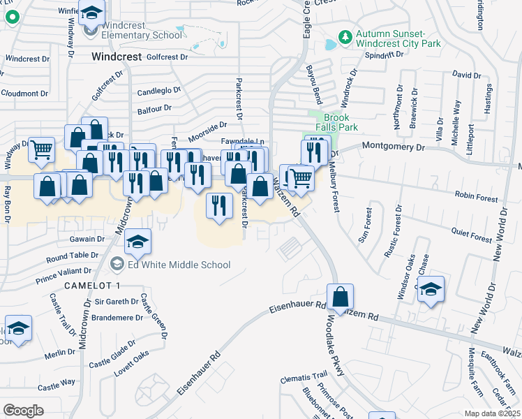 map of restaurants, bars, coffee shops, grocery stores, and more near 5740 Walzem Road in San Antonio