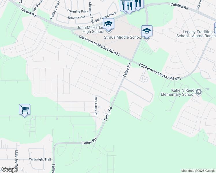 map of restaurants, bars, coffee shops, grocery stores, and more near 7401-7509 Talley Road in San Antonio