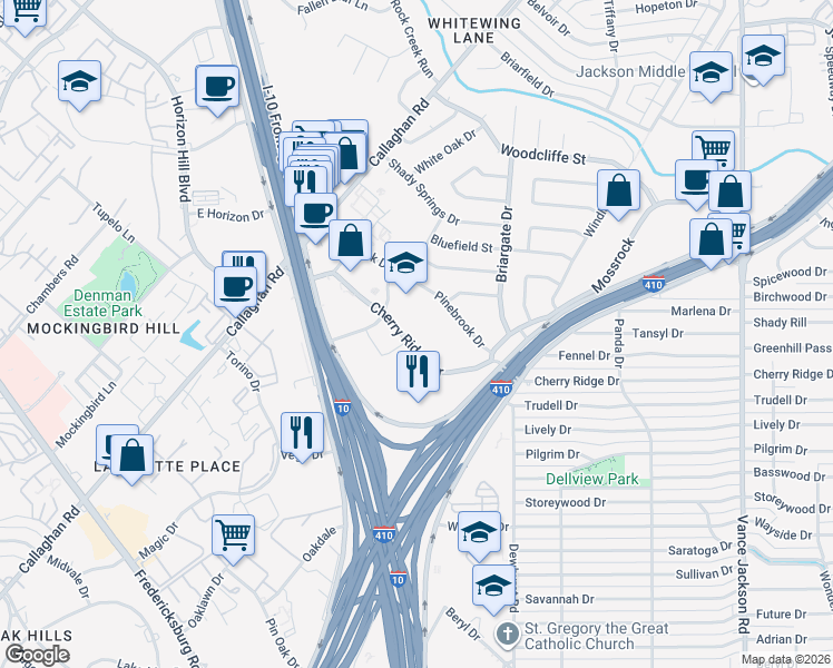 map of restaurants, bars, coffee shops, grocery stores, and more near 3249-3355 Cherry Ridge St in San Antonio