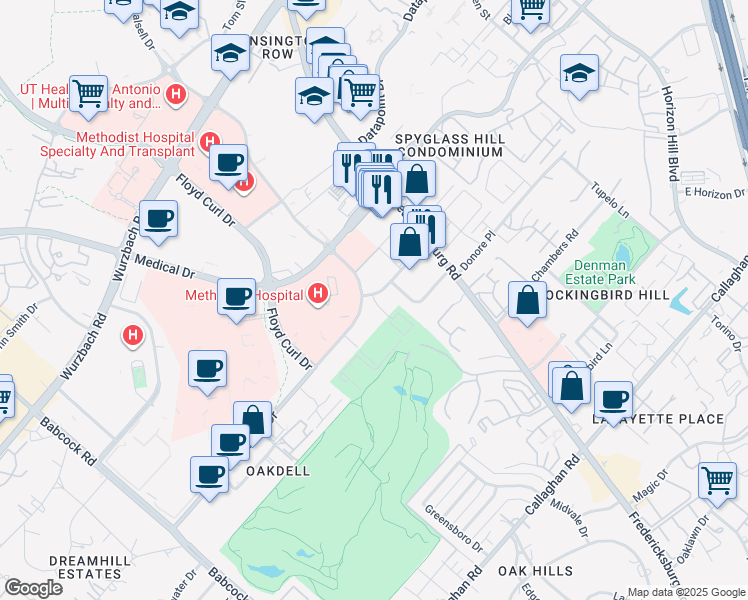 map of restaurants, bars, coffee shops, grocery stores, and more near 7702 Louis Pasteur Drive in San Antonio