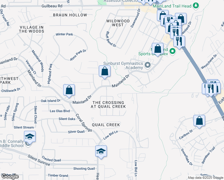 map of restaurants, bars, coffee shops, grocery stores, and more near 7278 Burns Lane in San Antonio