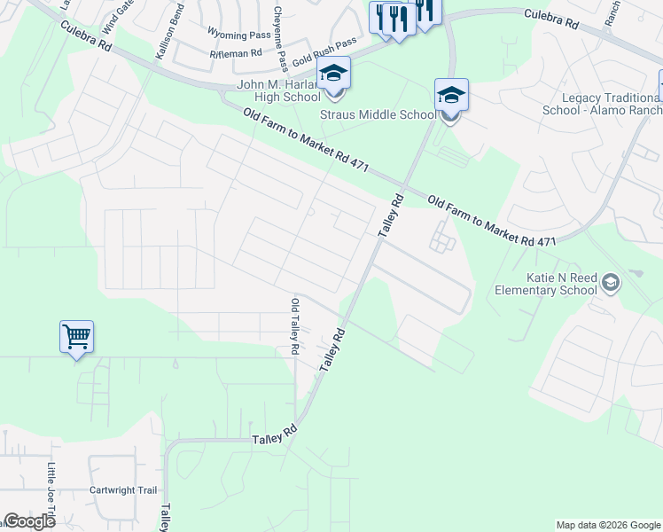 map of restaurants, bars, coffee shops, grocery stores, and more near 7401-7509 Talley Road in San Antonio