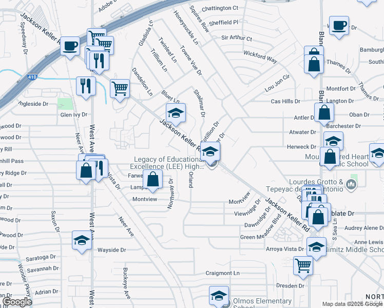 map of restaurants, bars, coffee shops, grocery stores, and more near 1502 Jackson Keller Road in Castle Hills