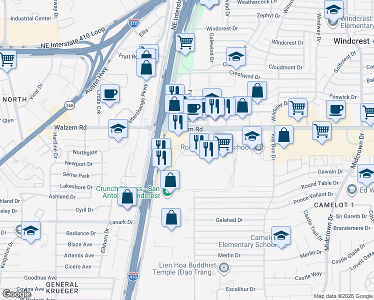 map of restaurants, bars, coffee shops, grocery stores, and more near 1 Fanatical Place in Windcrest
