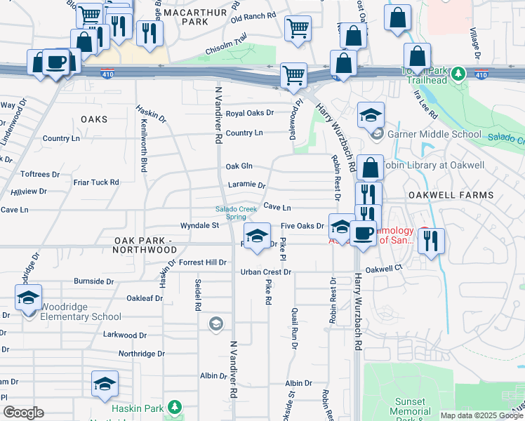 map of restaurants, bars, coffee shops, grocery stores, and more near 107 5 Oaks Drive in San Antonio