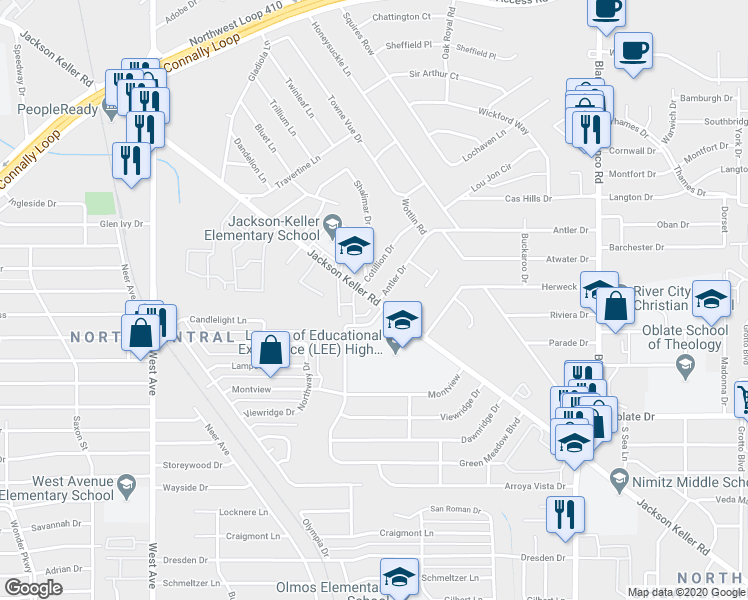 map of restaurants, bars, coffee shops, grocery stores, and more near 1540 Jackson Keller Road in Castle Hills