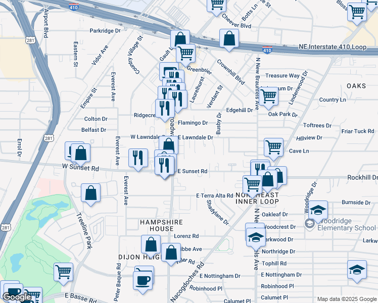 map of restaurants, bars, coffee shops, grocery stores, and more near 7902 Thornhill Street in San Antonio