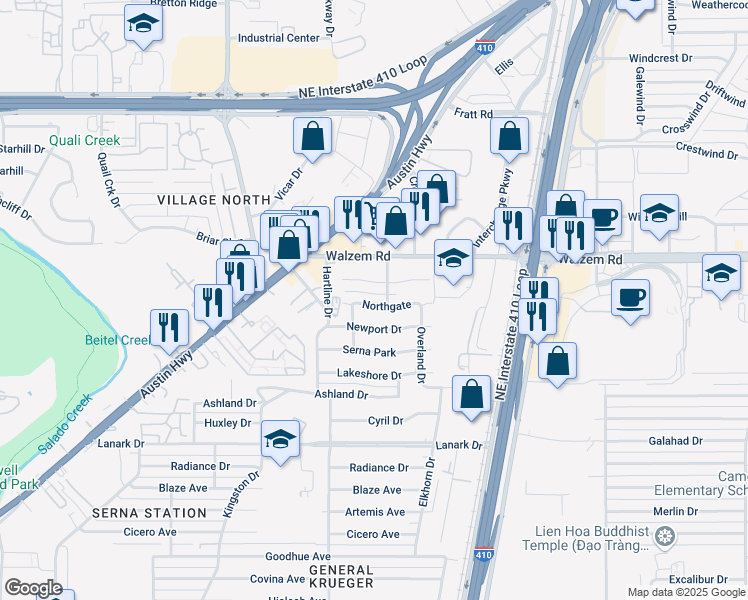 map of restaurants, bars, coffee shops, grocery stores, and more near 119 Newport Drive in San Antonio