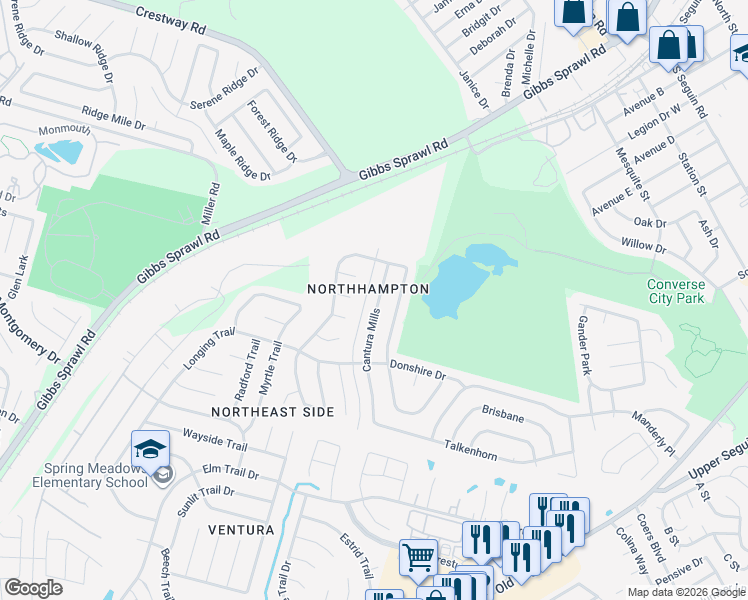 map of restaurants, bars, coffee shops, grocery stores, and more near 8143 Cantura Mills in Converse