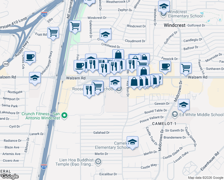 map of restaurants, bars, coffee shops, grocery stores, and more near 5110 Walzem Rd in San Antonio