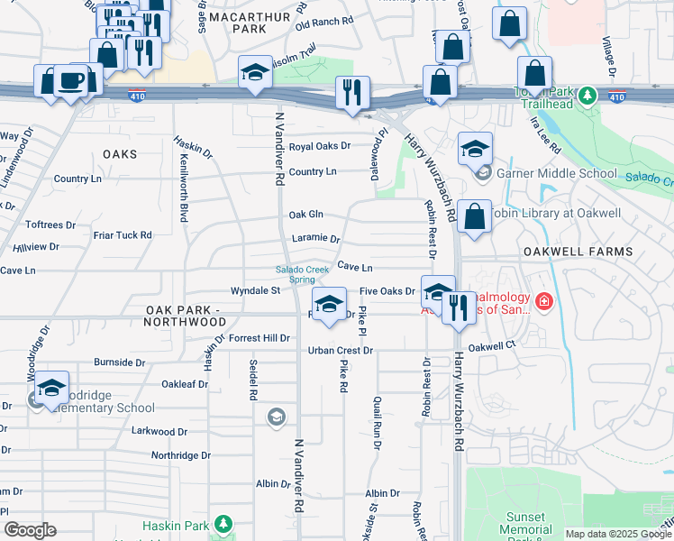 map of restaurants, bars, coffee shops, grocery stores, and more near 107 5 Oaks Drive in San Antonio