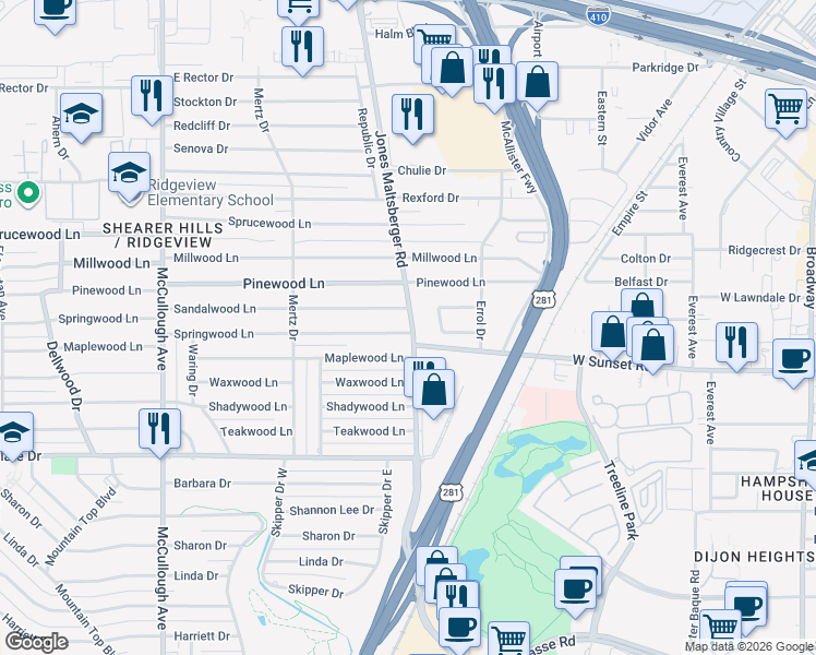 map of restaurants, bars, coffee shops, grocery stores, and more near 479 Maplewood Lane in San Antonio