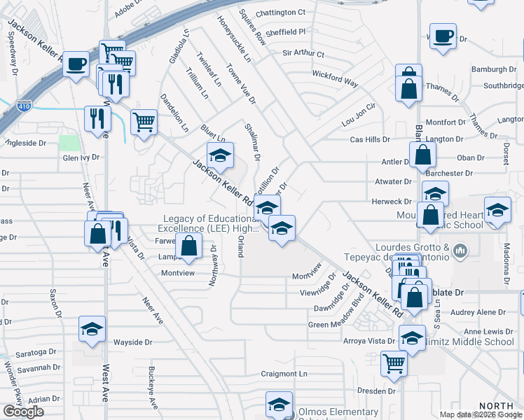map of restaurants, bars, coffee shops, grocery stores, and more near 1502 Jackson Keller Road in Castle Hills