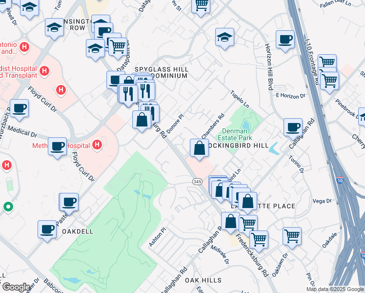 map of restaurants, bars, coffee shops, grocery stores, and more near 5515 Fredericksburg Road in San Antonio