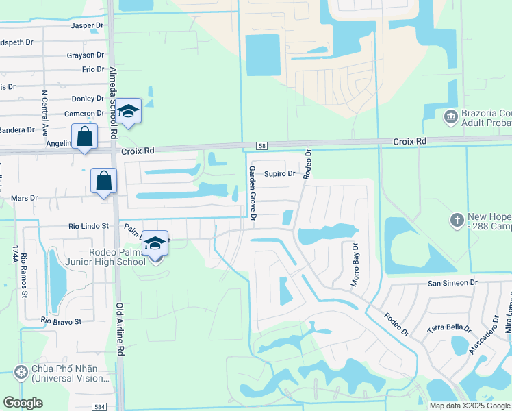 map of restaurants, bars, coffee shops, grocery stores, and more near 7 Garden Grove Drive in Manvel