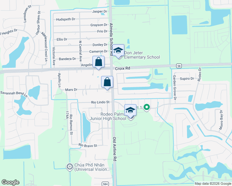 map of restaurants, bars, coffee shops, grocery stores, and more near 152 Palm Desert Drive in Manvel