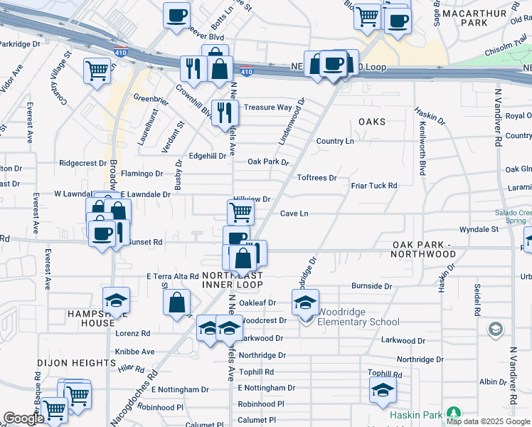 map of restaurants, bars, coffee shops, grocery stores, and more near 155 Camellia Way in San Antonio