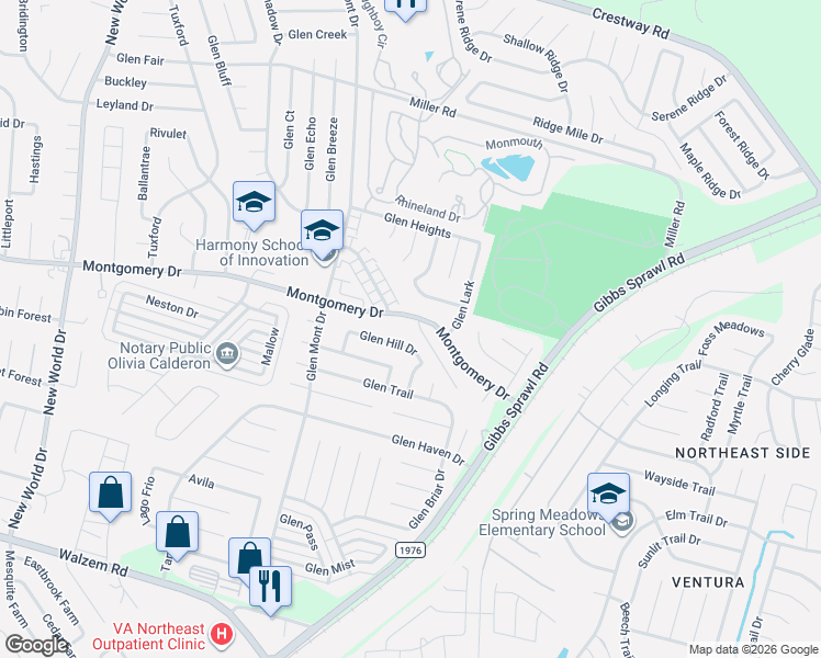 map of restaurants, bars, coffee shops, grocery stores, and more near 7263 Glen Hill in San Antonio