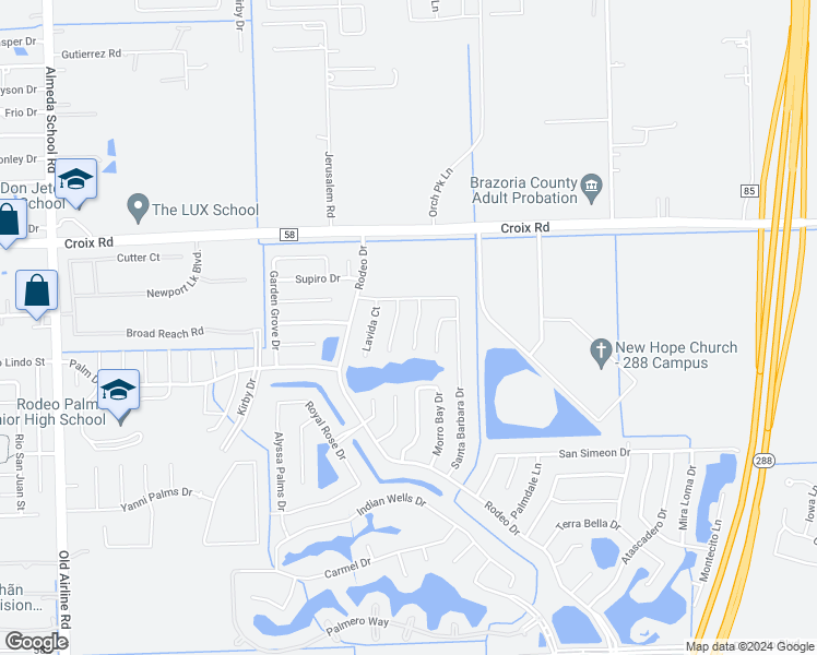 map of restaurants, bars, coffee shops, grocery stores, and more near 15 Lazy Swing Court in Manvel