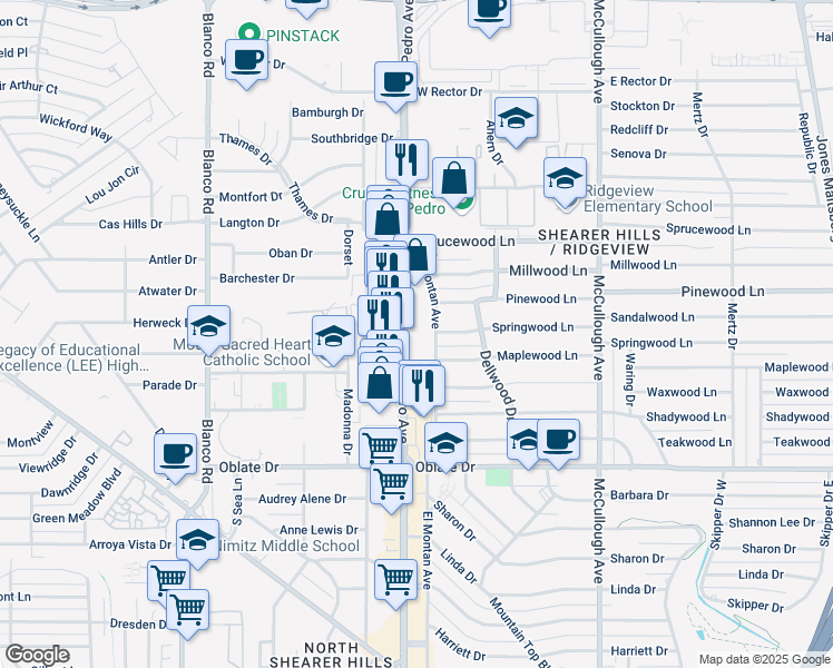 map of restaurants, bars, coffee shops, grocery stores, and more near 7046 San Pedro Avenue in San Antonio