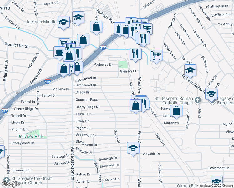 map of restaurants, bars, coffee shops, grocery stores, and more near 134 Birchwood Drive in San Antonio