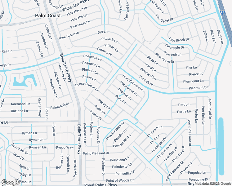 map of restaurants, bars, coffee shops, grocery stores, and more near 7 Pontiac Lane in Palm Coast