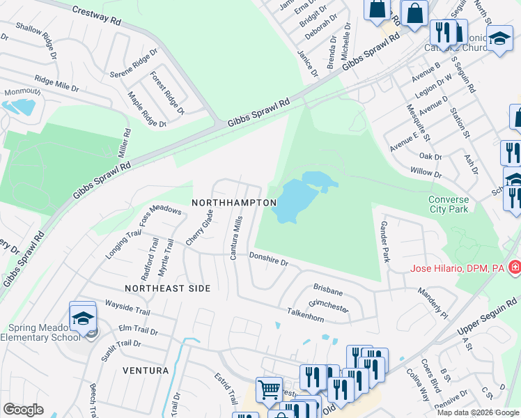 map of restaurants, bars, coffee shops, grocery stores, and more near 8230 Chestnut Manor Drive in Converse
