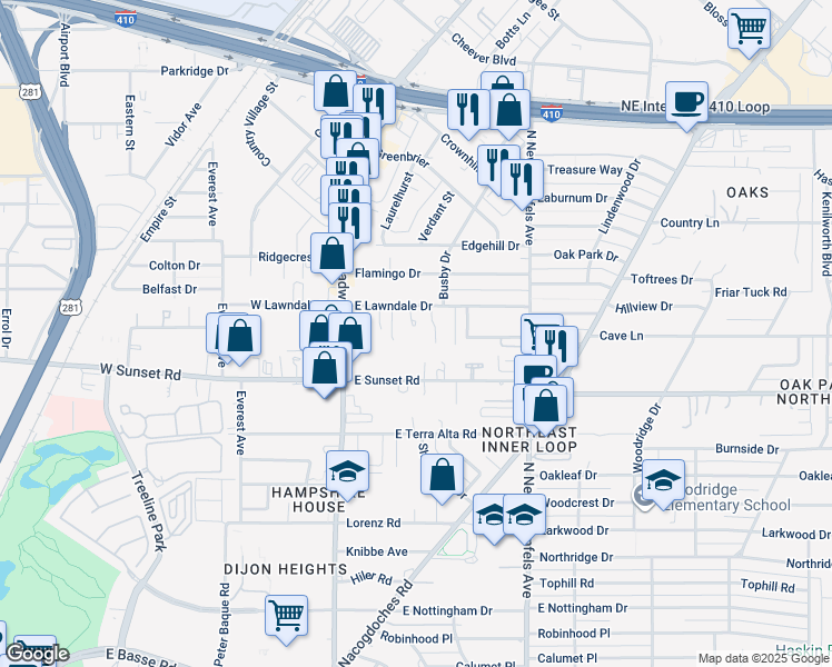 map of restaurants, bars, coffee shops, grocery stores, and more near 1926 East Lawndale Drive in San Antonio