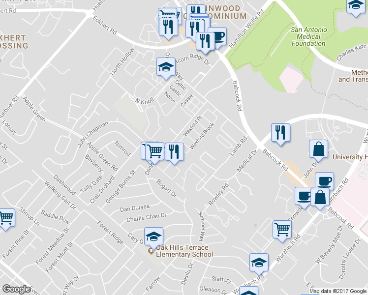 map of restaurants, bars, coffee shops, grocery stores, and more near 5810 Wexford Brook in San Antonio