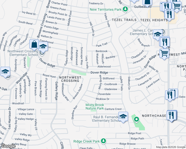 map of restaurants, bars, coffee shops, grocery stores, and more near 9647 Dover Ridge in San Antonio