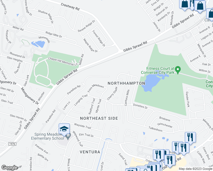 map of restaurants, bars, coffee shops, grocery stores, and more near 7567 Foss Meadows in San Antonio