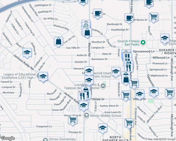map of restaurants, bars, coffee shops, grocery stores, and more near 5922 Blanco Road in San Antonio