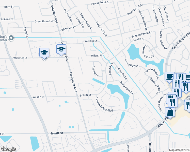 map of restaurants, bars, coffee shops, grocery stores, and more near 986 Astoria Lane in League City