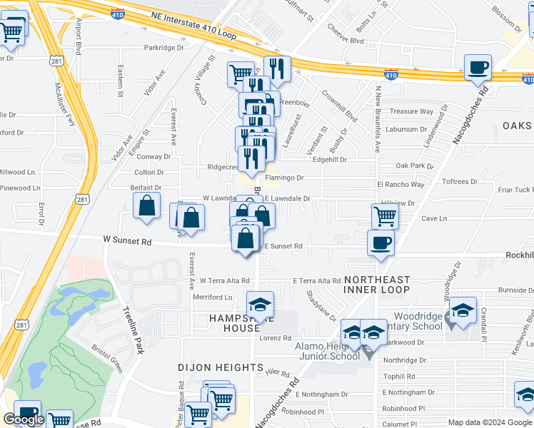 map of restaurants, bars, coffee shops, grocery stores, and more near 8058 Broadway in San Antonio