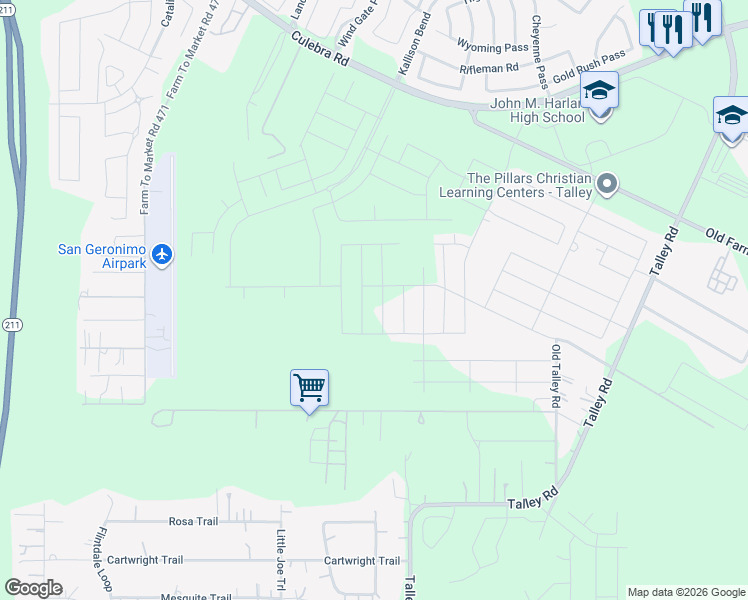 map of restaurants, bars, coffee shops, grocery stores, and more near 7349 Talley Road in San Antonio
