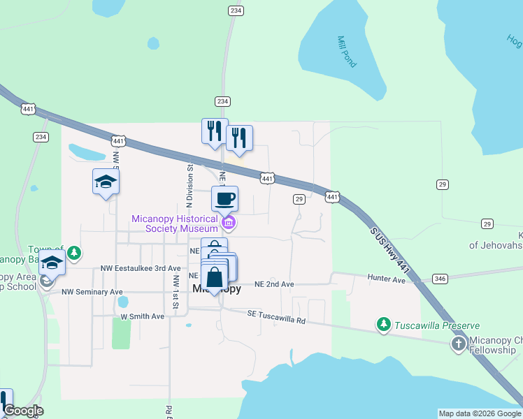 map of restaurants, bars, coffee shops, grocery stores, and more near 705 Northeast 2nd Street in Micanopy