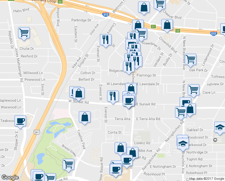 map of restaurants, bars, coffee shops, grocery stores, and more near 1612 West Lawndale Drive in San Antonio