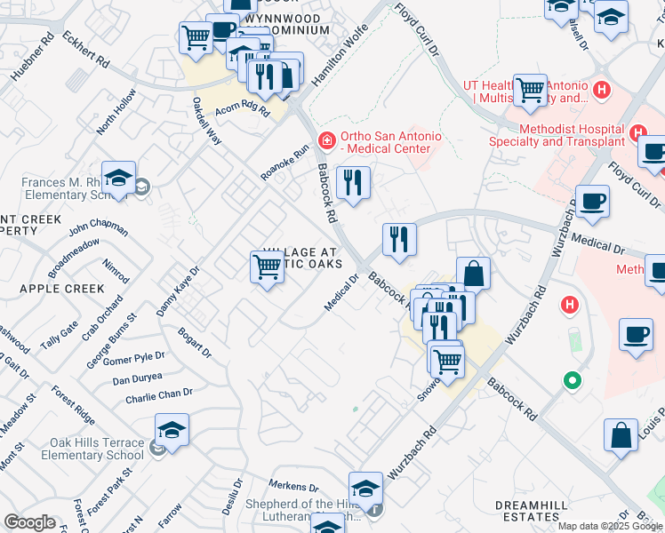 map of restaurants, bars, coffee shops, grocery stores, and more near 7723 Rustic Park in San Antonio