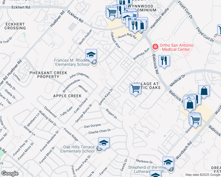 map of restaurants, bars, coffee shops, grocery stores, and more near 5940 Danny Kaye Drive in San Antonio
