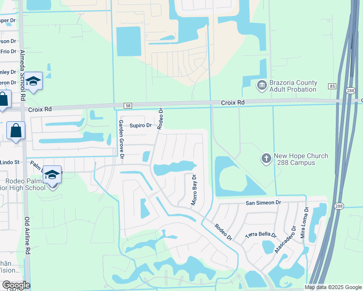 map of restaurants, bars, coffee shops, grocery stores, and more near 17 Lazy Swing Court in Manvel