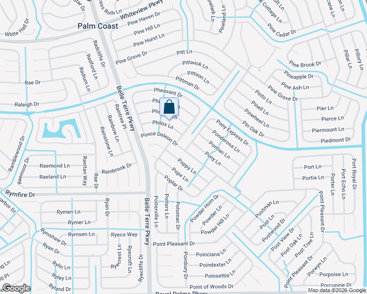 map of restaurants, bars, coffee shops, grocery stores, and more near 1 Pony Express Drive in Palm Coast