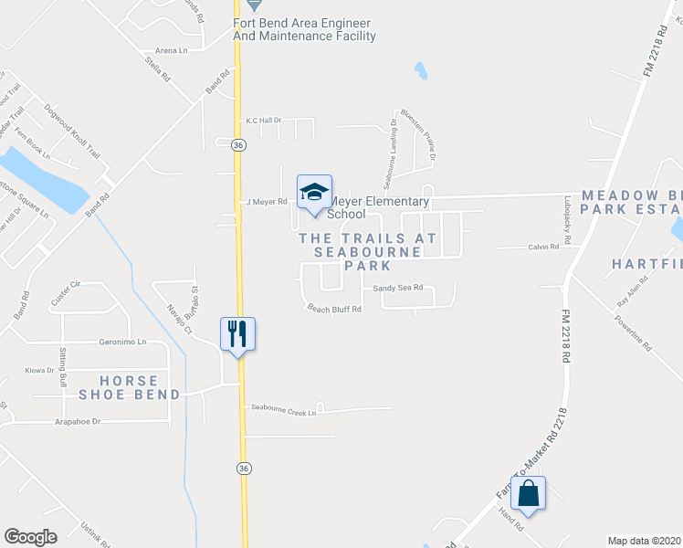 map of restaurants, bars, coffee shops, grocery stores, and more near 5142 Oak Briar Lane in Rosenberg