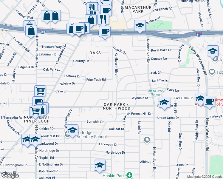 map of restaurants, bars, coffee shops, grocery stores, and more near 2000 Kenilworth Boulevard in San Antonio
