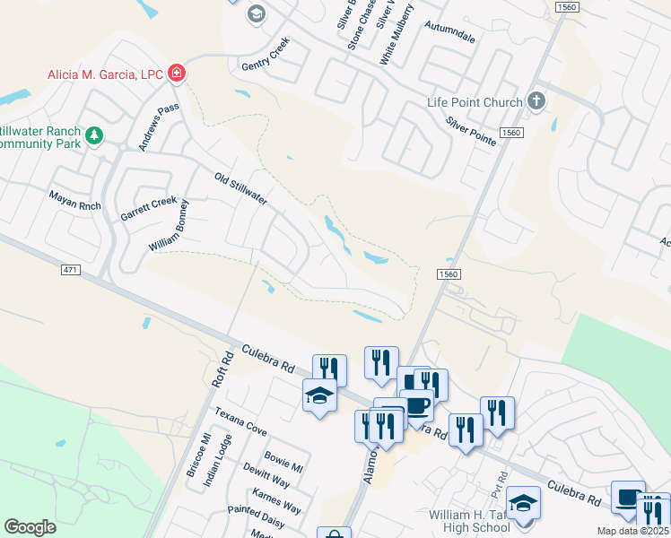 map of restaurants, bars, coffee shops, grocery stores, and more near 7519 McKinney Hills in San Antonio